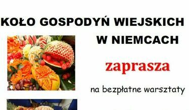 Zdjęcie z udekorowanymi owocami oraz z napisem Koło Gospodyń Wiejskich w Niemcach Zaprasza