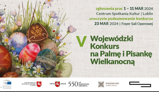 Plakat informacyjny dotyczący piątego wojewódzkiego konkursu na Palme i Pisankę Wielkanocną, na którym znajdują się pisanki i  elementy świąteczne.