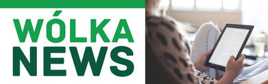 Logo Wólka News i Pani czytająca z tabletu