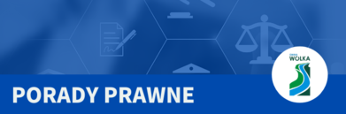 Grafika napis na granatowym tle - porady prawne i logo wólka