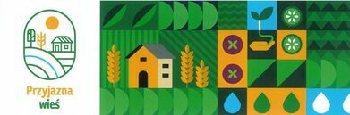 Grafika przedstawiająca trzy połączone ilustracje związane z tematyką wiejską. Pierwsza część to logo z domem, słońcem i polem, druga to dom otoczony roślinami, trzecia to symbole rolnictwa i natury na kolorowych tłach.