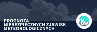 logo imgw, napis prognoza niebezpiecznych zjawisk meteorologicznych, w tle chmury