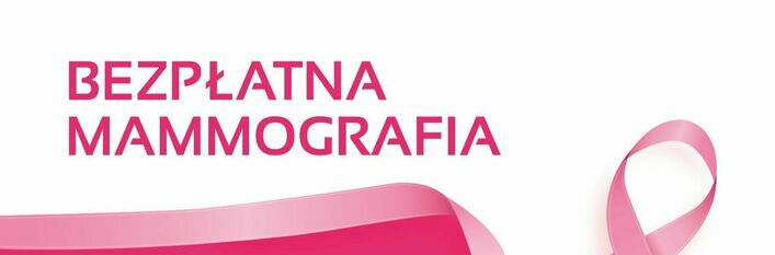 Baner promocyjny z napisem "BEZPŁATNA MAMMOGRAFIA" w kolorach różowym i białym z symbolem różowej wstążki reprezentującej wsparcie dla walki z rakiem piersi.