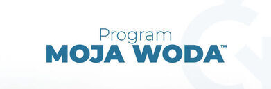 Logo programu "MOJA WODA" z graficznym akcentem w kształcie kropli wody, na jasnoniebieskim tle.