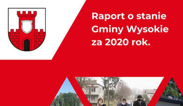 Kawałek okładki z raportu- herb gminy kawałek zdjęcia i napis Raport o stanie Gminy Wysokie za 2020 r