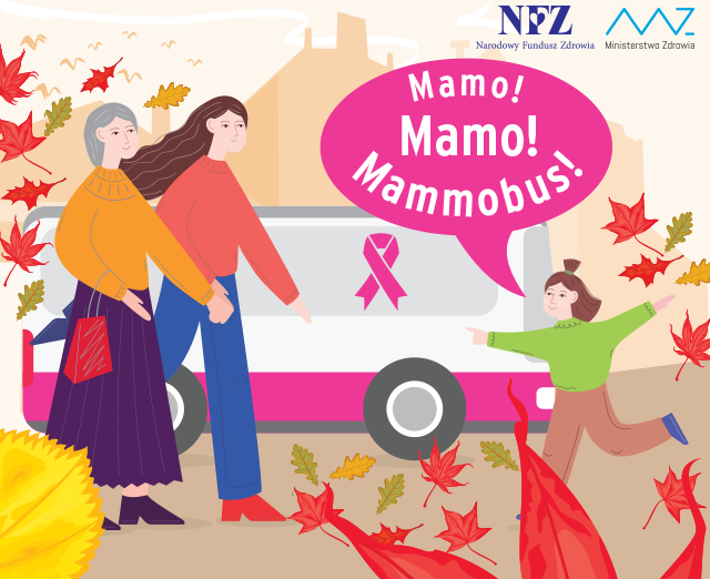 Plakat w ramach akcji mammografia, na którym widać narysowane 3 kobiety: starszą, w wieku średnim oraz małą dziewczynkę