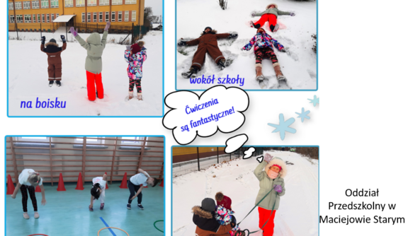 Zdjęcie 1: Dzieci w zimowych ubraniach rzucającymi śnieżkami na boisku ze śniegiem.
Zdjęcie 2: Osoba leżąca na śniegu tworzy aniołka, otoczone śladami.
Zdjęcie 3: Dzieci w sali gimnastycznej ćwiczące z hula-hop.
Zdjęcie 4: Grupa dzieci ciągnąca sanki na śniegu, jedno dziecko macha.