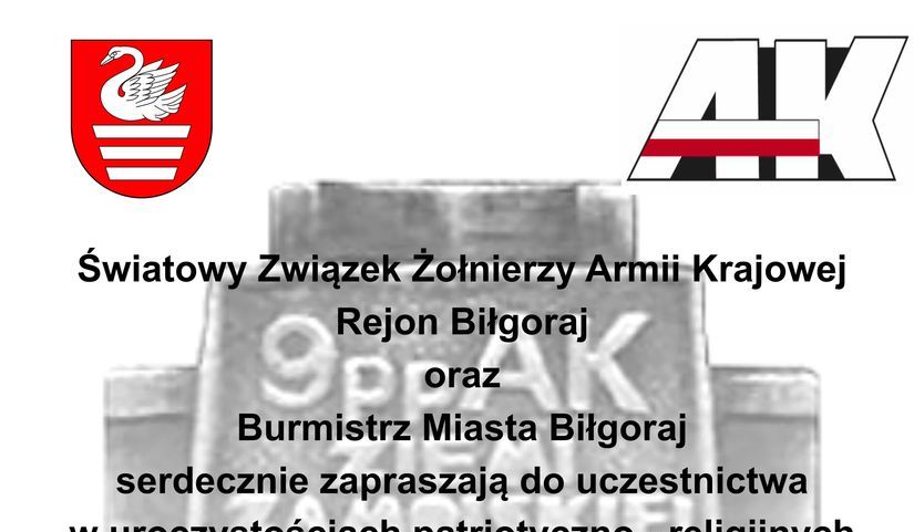 Wycinek plakatu: Światowy Związek Żołnierzy Armii Krajowej Rejon Biłgoraj oraz Burmistrz Miasta Biłgoraj serdecznie zapraszają do uczestnictwa seligiinveh