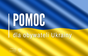 Flaga Ukrainy z napisem Pomoc dla obywateli Ukrainy
