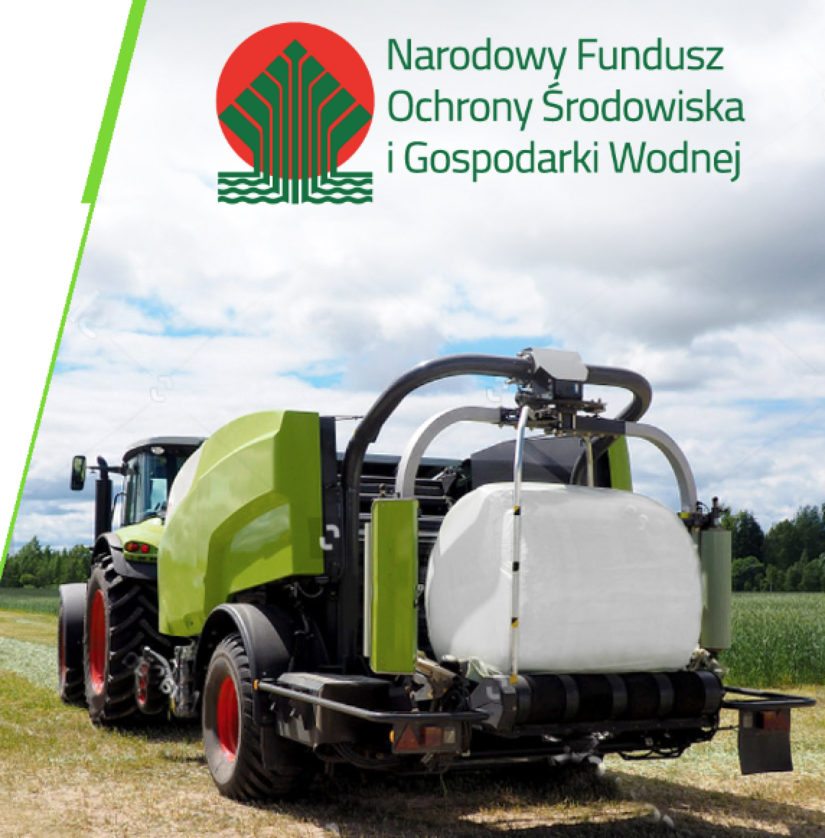 Traktor rolniczy z maszyną oraz logo Narodowego Funduszu Ochrony Środowiska