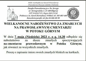 ogłoszenie dotyczące nabożeństwa na prawosławnym cmentarzu w Potoku Górnym