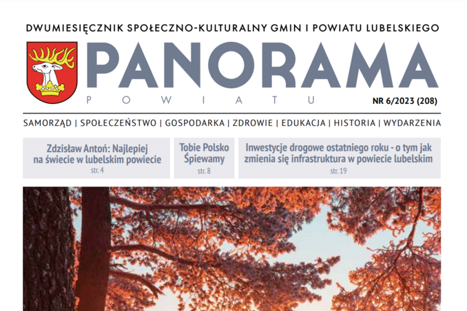 Opis alternatywny: Okładka dwumiesięcznika "Panorama", z grafiką czerwonawych liści na drzewach i fragmentem niebieskiego nieba w tle, zawierająca teksty i logo.
