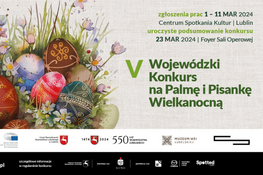 Plakat V Wojewódzkiego Konkursu na Palmę i Pisankę Wielkanocną z barwnymi pisankami i motywami wiosennymi, datami i logotypami sponsorów.