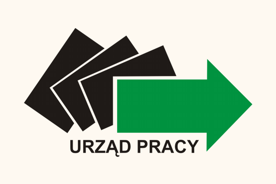 logo urzędu pracy: 3 czarne prostokąty nakładające się na siebie i zielona strzałka