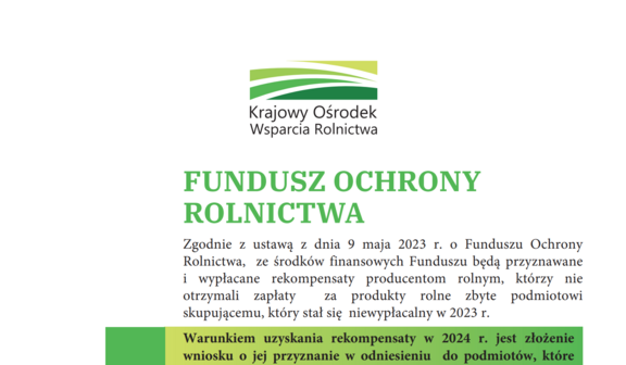 Logo organizacji i tekst informacyjny dotyczący Funduszu Ochrony Rolnictwa, z terminami i warunkami składania wniosków.