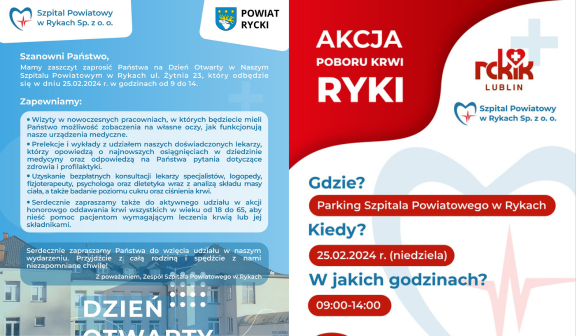 Dwustronny plakat informacyjny w czerwono-białych barwach, promujący Akcję Poboru Krwi w Szpitalu Powiatowym, podaje daty i lokalizacje wydarzeń.