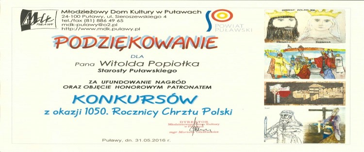 Podziękowania dla Starosty Puławskiego oraz Kierownika Wydziału Promocji, Kultury, Sportu i Turystyki