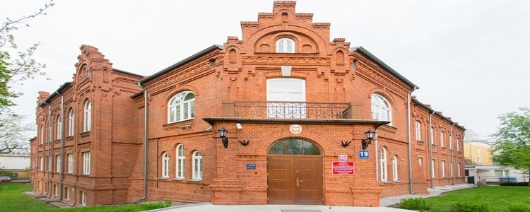 Budynek Starostwa Powiatowego w Puławach, kolor cegły, wejście główne, zieleń