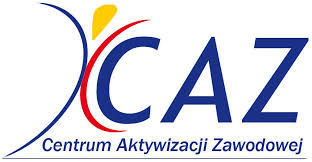 Logo Centrum Aktywizacji Zawodowej CAZ granatowe litery, symbol postaci - żółta głowa, granatowo-czerwona postać