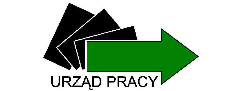 Logo Urzędu Pracy, zielona strzałka, trzy czarne prostokąty w tle