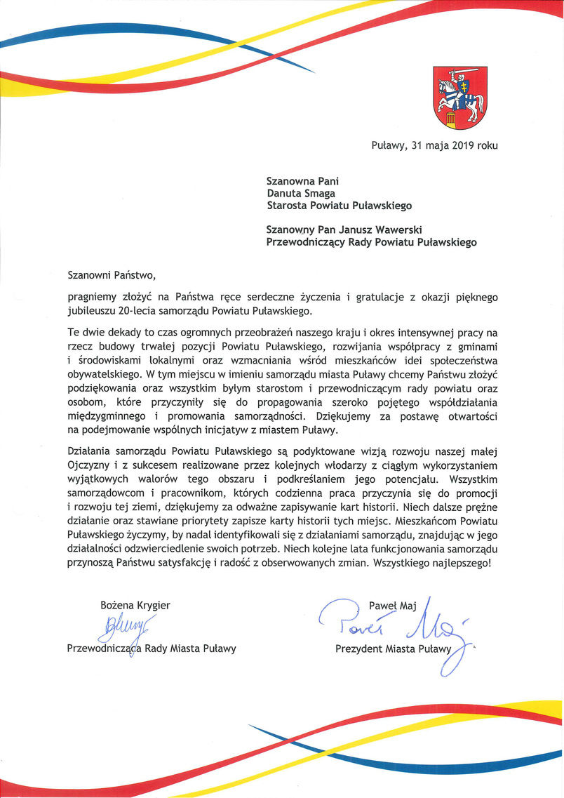 Jubileusz 20-lecia Samorządu Powiatu Puławskiego - list gratulacyjny od władz samorządowych Miasta Puławy