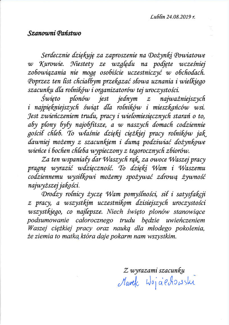 Dożynki Powiatu Puławskiego - Kurów 2019 - list gratulacyjny od Z-cy Dyrektora KOWR w Lublinie Marka Wojciechowskiego