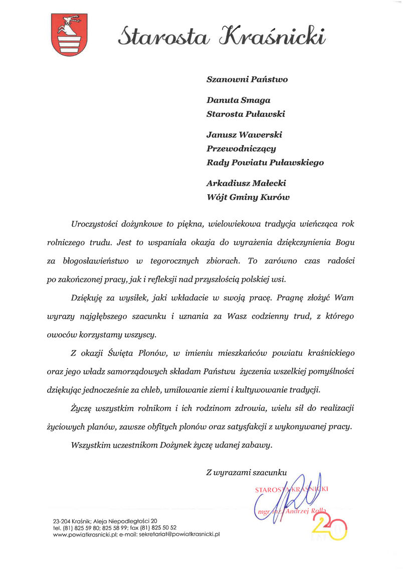 List gratulacyjny od Starosty Kraśnickiego Andrzeja Rolli
