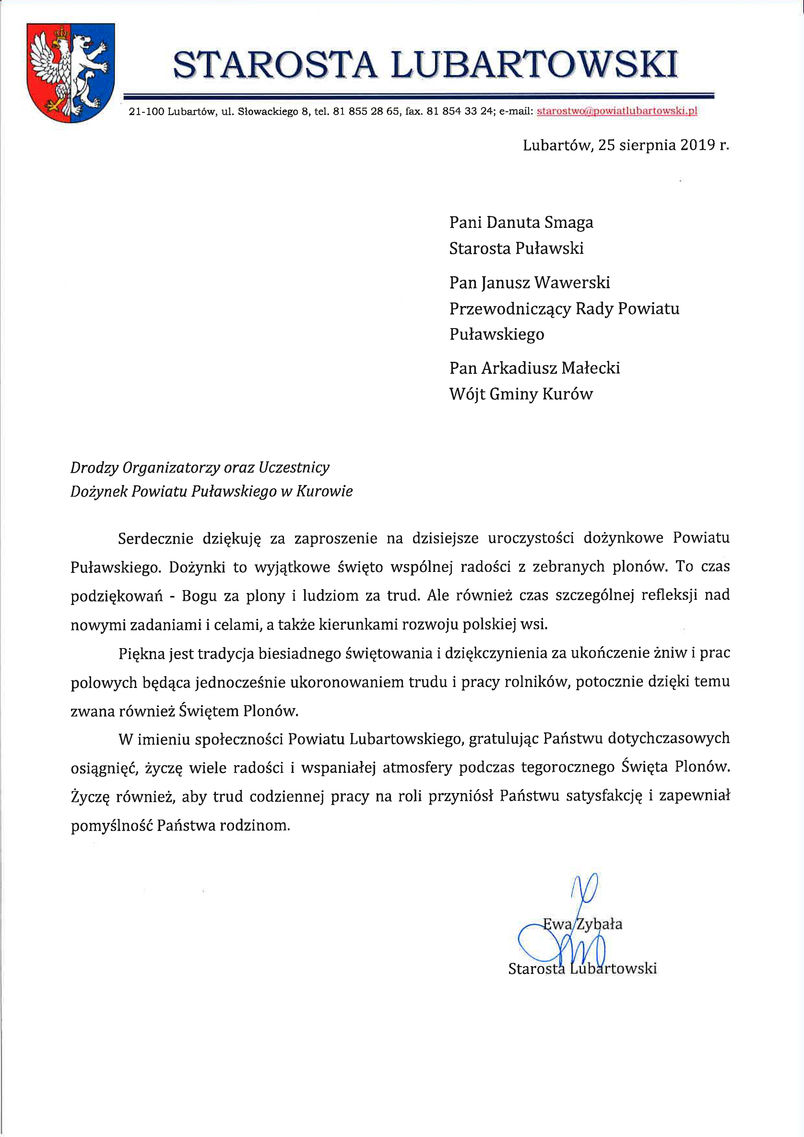 Dożynki Powiatu Puławskiego - Kurów 2019 - list gratulacyjny od Starosty Lubartowskiego Ewy Zybały