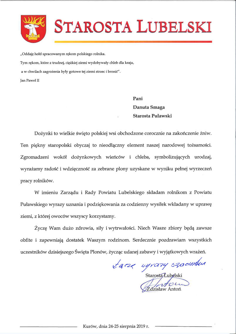 List gratulacyjny od Starosty Lubelskiego Zdzisława Antonia