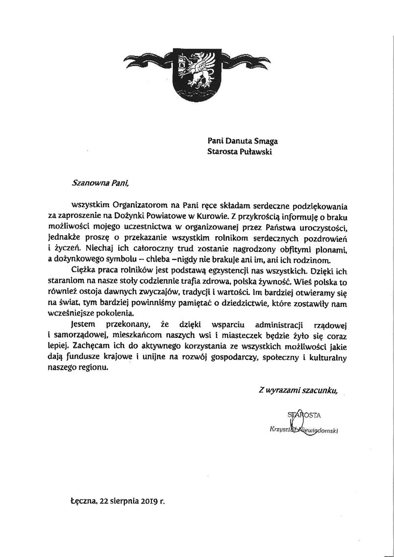 List gratulacyjny od Starosty Łęczyńskiego Krzysztofa Niewiadomskiego