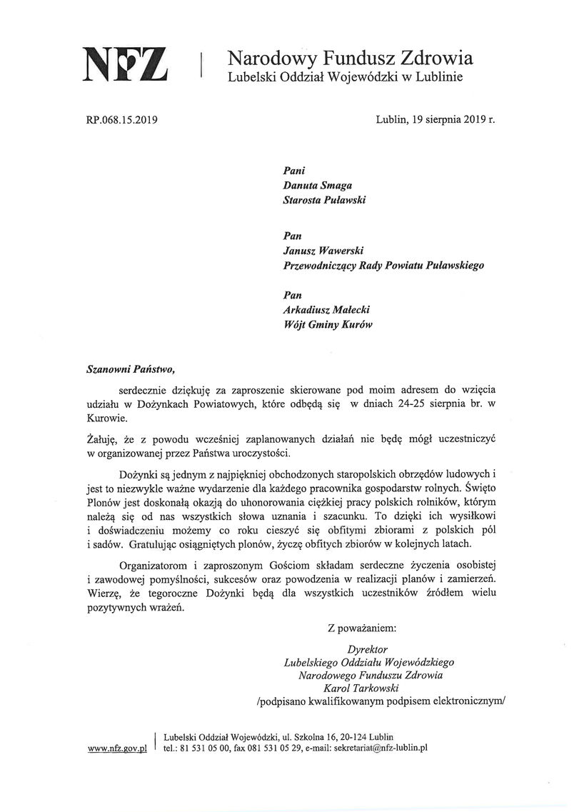 List gratulacyjny od Dyrektora Lubelskiego Oddziału NFZ Karola Tarkowskiego
