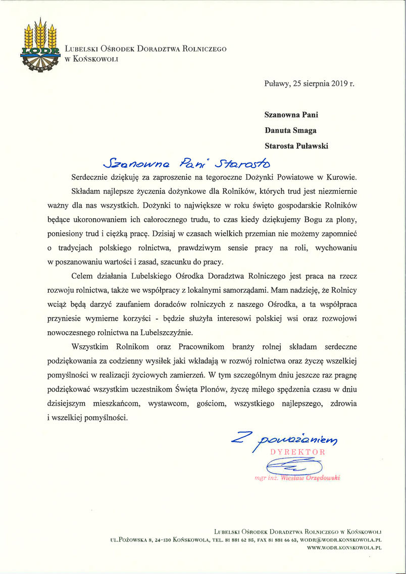 List gratulacyjny od Dyrektora LODR w Końskowoli Wiesława Orzędowskiego