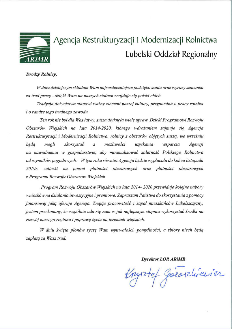 List gratulacyjny od Dyrektora Lubelskiego Oddziału Regionalnego ARiMR Krzysztofa Gałaszkiewicza