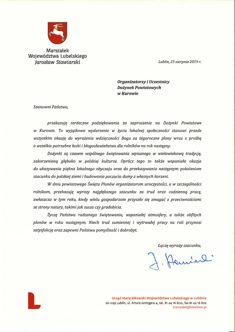 List gratulacyjny od Marszałka Województwa Lubelskiego Jarosława Stawiarskiego