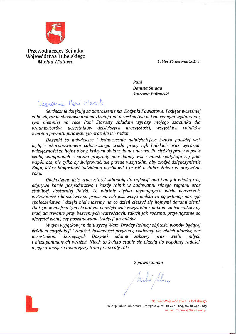 List gratulacyjny od Przewodniczącego Sejmiku Województwa Lubelskiego Michała Mulawy