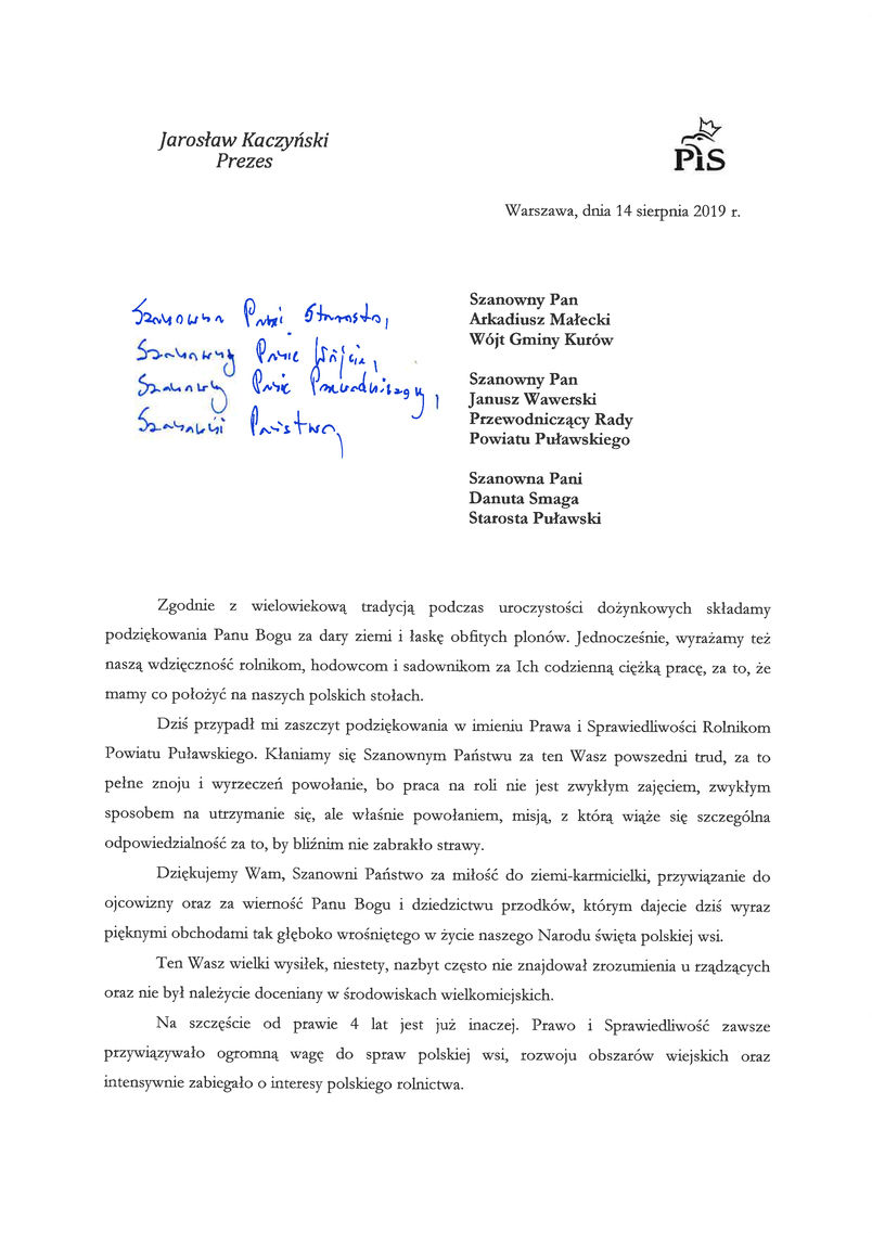 List gratulacyjny od Prezesa Prawa i Sprawiedliwości Jarosława Kaczyńskiego
