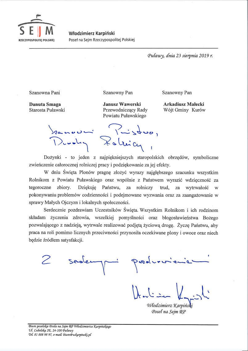 List gratulacyjny od Posła na Sejm RP Włodzimierza Karpińskiego