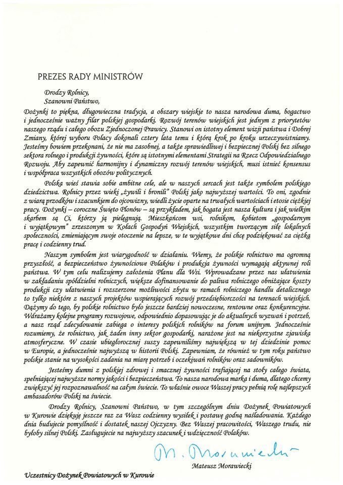List gratulacyjny od Prezesa Rady Ministrów Mateusza Morawieckiego