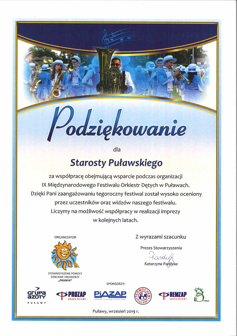 Podziękowanie dla Starosty Puławskiego za wsparcie organizacji Międzynarodowego Festiwalu Orkiestr Dętych w Puławach