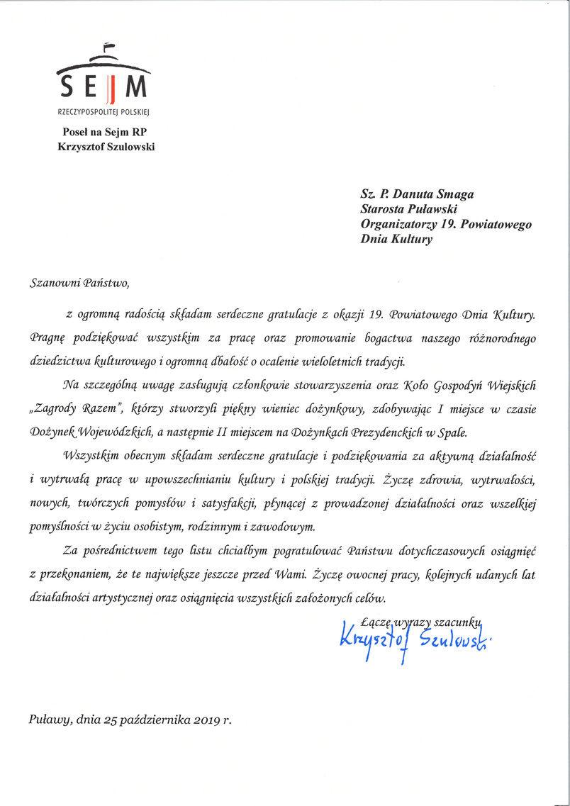 19. Powiatowy Dzień Kultury - list gratulacyjny od Posła na Sejm RP prof. Krzysztofa Szulowskiego