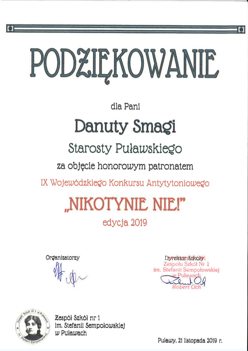 Podziękowanie dla Starosty Puławskiego za objęcie honorowym patronatem IX Wojewódzkiego Konkursu Antytytoniowego "NIKOTYNIE NIE!"