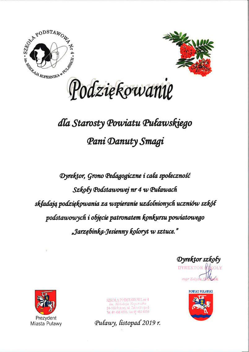 Podziękowanie dla Starosty Puławskiego za objęcie honorowym patronatem konkursu "Jarzębinka - Jesienny koloryt w sztuce"