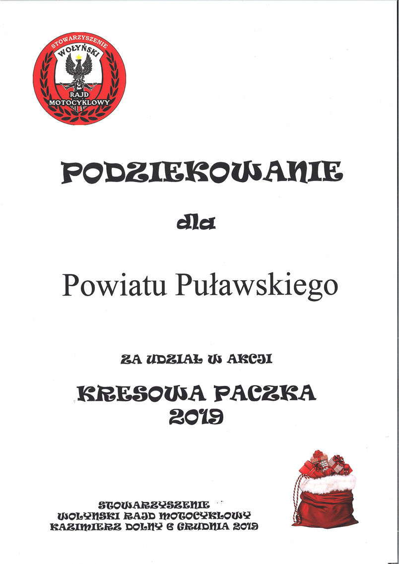 Dyplom z podziękowaniem z udział w akcji "Kresowa Paczka".