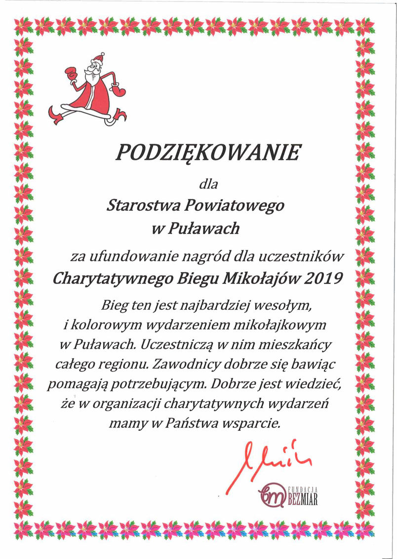 Podziękowanie dla Starostwa Powiatowego w Puławach za wsparcie organizacji Charytatywnego Biegu Mikołajów 2019