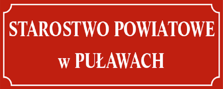 Starostwo Powiatowe w Puławach - biały napis na czerwonym tle