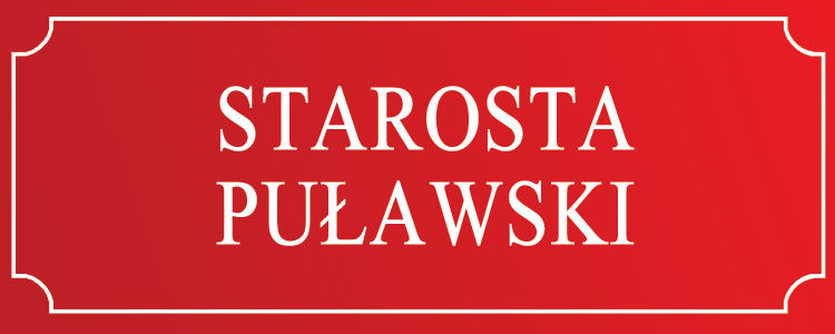 Starosta Puławski - białe litery na czerwonym tle, biała, ozdobna obwódka