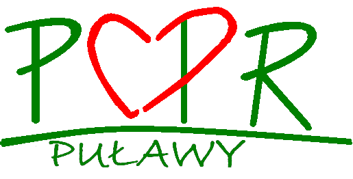 PCPR Puławy - logo, zielone litery, wkomponowany czerwony zarys serca
