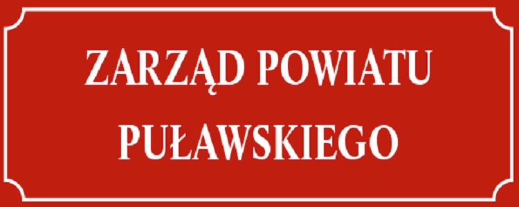 Zarząd Powiatu Puławskiego, białe litery na czerwonym tle w ozdobnej ramce