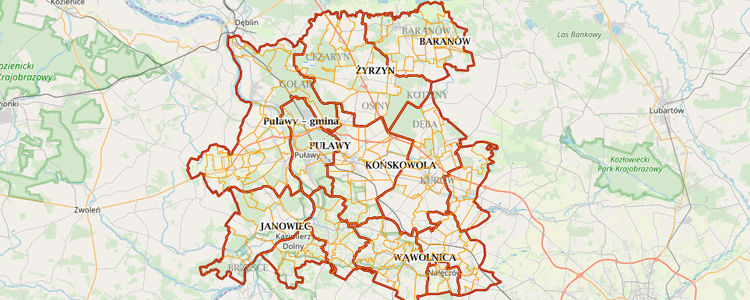 Fragment mapy z zaznaczonym obszarem powiatu puławskiego.
