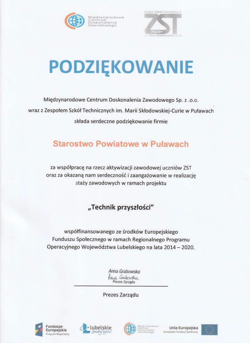 Dyplom z podziękowaniem dla Starostwa Powiatowego w Puławach za współpracę w ramach projektu "Technik przyszłości"